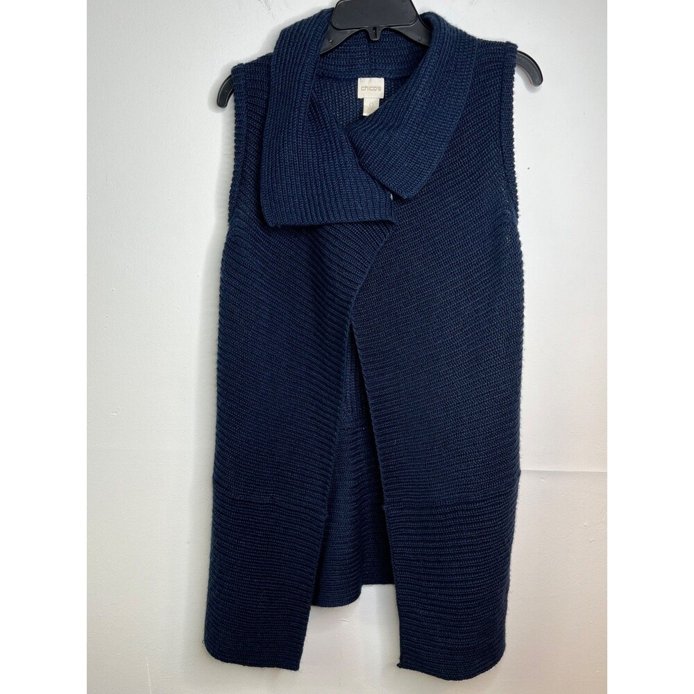 Chicos Wms cable knit Sleeveless sweater Open Front Cardigan Navy Blue Sz 0 S
